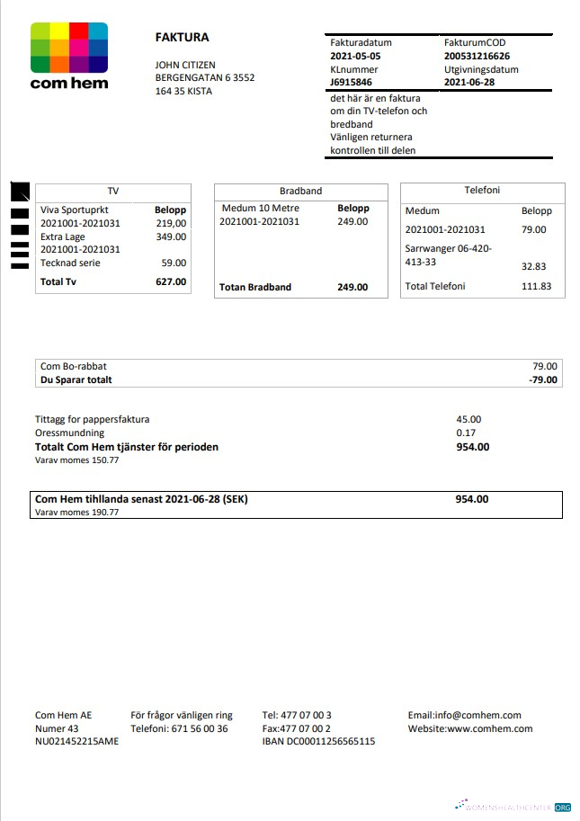 download download Sweden Com Hem utility bill template in Word and PDF format PDF template PDF template